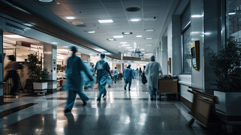 Nurses in a hospital hallway