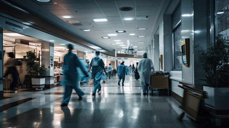 Nurses in a hospital hallway